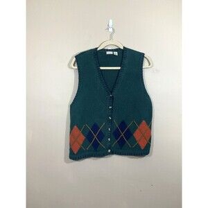 Vintage Womens V-Neck Argyle Sweater Vest 2X Green 90s Y2K Preppy Academia Twee